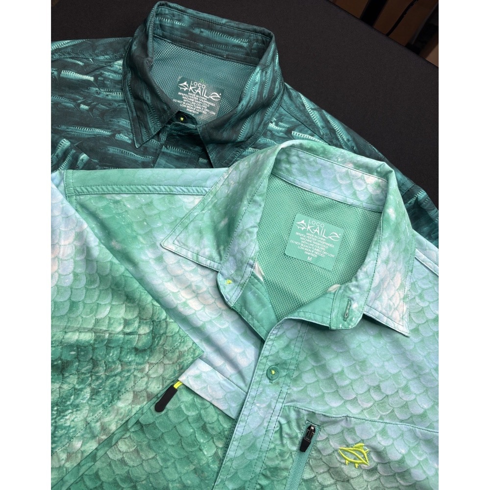 Loco Skailz Button Up‎ Shirts Mens Med Lot Of 2 Green Blue Short Sleeve Fishing
